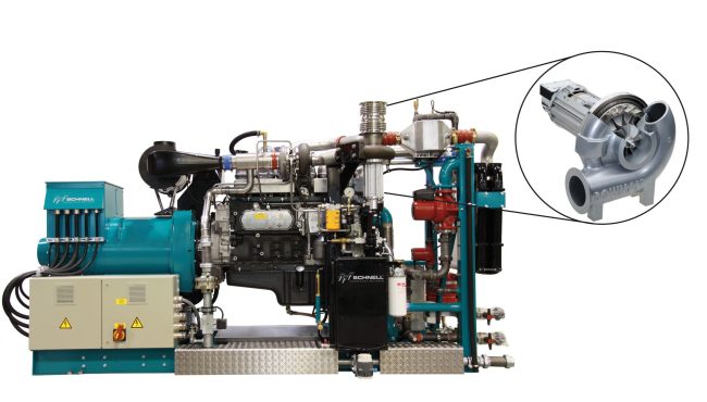 47 % elektrisch rendement bij 300 kW dankzij extra gasturbine in de uitlaat (Schnell Motoren)